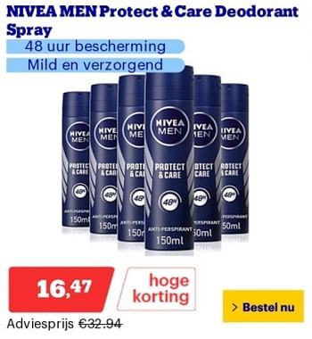 Promoties Nivea men protect + care deodorant spray - Nivea - Geldig van 14/05/2024 tot 19/05/2024 bij Bol.com