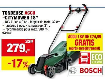 Promotions Bosch tondeuse accu citymower 18 - Bosch - Valide de 15/05/2024 à 26/05/2024 chez Hubo