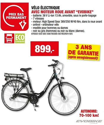 Promotions Vélo électrique avec moteur roue avant evobike - Evobike - Valide de 15/05/2024 à 26/05/2024 chez Hubo