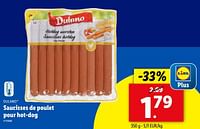 Promotions Saucisses de poulet pour hot-dog - Dulano - Valide de 22/05/2024 à 28/05/2024 chez Lidl