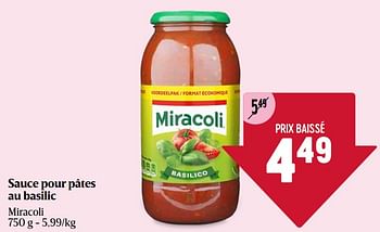 Promotions Sauce pour pâtes au basilic - Miracoli - Valide de 16/05/2024 à 22/05/2024 chez Delhaize