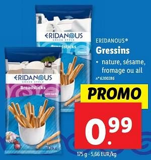 Promotions Gressins - Eridanous - Valide de 22/05/2024 à 28/05/2024 chez Lidl