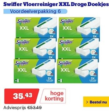 Promoties Swiffer vioerreiniger xxl droge doekjes - Swiffer - Geldig van 14/05/2024 tot 19/05/2024 bij Bol.com