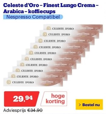 Promoties Celeste d’oro - finest lungo crema - arabica - koffiecups - Celeste d’oro - Geldig van 14/05/2024 tot 19/05/2024 bij Bol.com