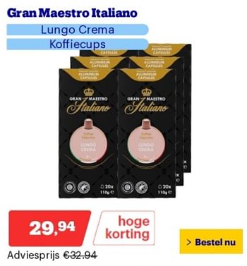 Promoties Gran maestro italiano lungo crema koffiecups - Gran maestro italiano - Geldig van 14/05/2024 tot 19/05/2024 bij Bol.com