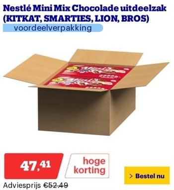 Promoties Nestlé mini mix chocolade uitdeelzak kitkat, smarties, lion, bros - Nestlé - Geldig van 14/05/2024 tot 19/05/2024 bij Bol.com