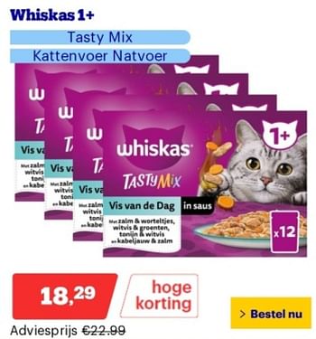 Promoties Whiskas 1+ tasty mix kattenvoer natvoer - Whiskas - Geldig van 14/05/2024 tot 19/05/2024 bij Bol.com