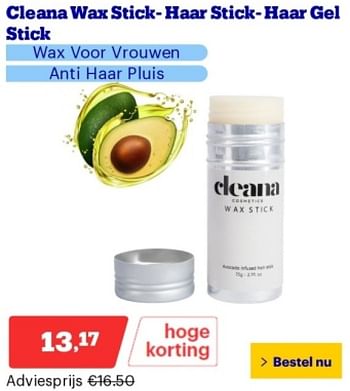 Promoties Cleana wax stick- haar stick- haar gel stick - Cleana - Geldig van 14/05/2024 tot 19/05/2024 bij Bol.com