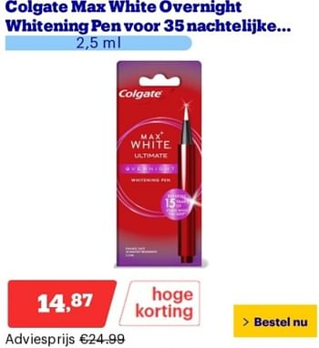 Promoties Colgate max white overnight whitening pen voor 35 nachtelijke - Colgate - Geldig van 14/05/2024 tot 19/05/2024 bij Bol.com