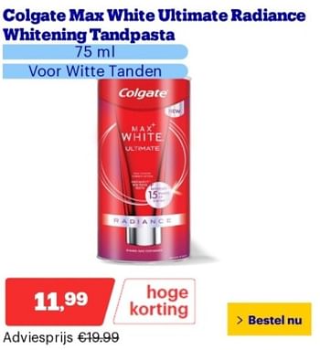 Promoties Colgate max white ultimate radiance whitening tandpasta - Colgate - Geldig van 14/05/2024 tot 19/05/2024 bij Bol.com