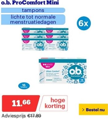 Promoties O.b. procomfort mini tampons - OB - Geldig van 14/05/2024 tot 19/05/2024 bij Bol.com