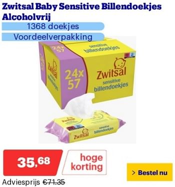 Promoties Zwitsal baby sensitive billendoekjes alcoholvrij - Zwitsal - Geldig van 14/05/2024 tot 19/05/2024 bij Bol.com