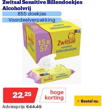 Promoties Zwitsal sensitive billendoekjes alcoholvrij - Zwitsal - Geldig van 14/05/2024 tot 19/05/2024 bij Bol.com