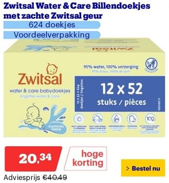 Promoties Zwitsal water + care billendoekjes met zachte zwitsal geur - Zwitsal - Geldig van 14/05/2024 tot 19/05/2024 bij Bol.com