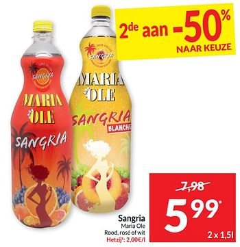 Promoties Sangria maria ole rood rosé of wit - Sangria - Geldig van 21/05/2024 tot 26/05/2024 bij Intermarche