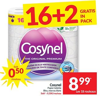 Promotions Cosynel papier toilette bleu, rose ou blanc - Cosynel - Valide de 21/05/2024 à 26/05/2024 chez Intermarche