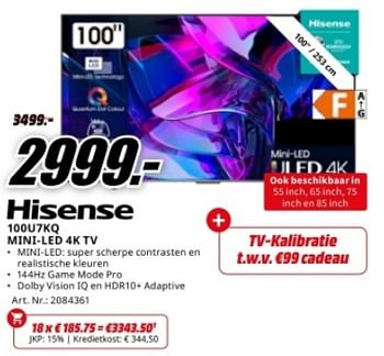 Promoties Hisense 100u7kq mini-led 4k tv - Hisense - Geldig van 20/05/2024 tot 02/06/2024 bij Media Markt