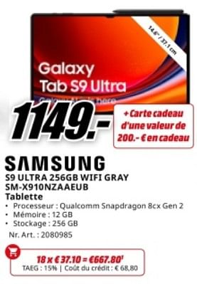Promotions Samsung s9 ultra 256gb wifi gray sm-x910nzaaeub tablette - Samsung - Valide de 20/05/2024 à 02/06/2024 chez Media Markt