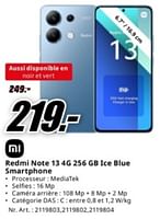 Promotions Xiaomi redmi note 13 4g 256 gb ice blue smartphone - Xiaomi - Valide de 20/05/2024 à 02/06/2024 chez Media Markt