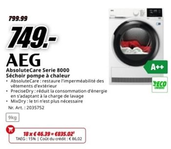 Promotions Aeg absolutecare serie 8000 séchoir pompe à chaleur - AEG - Valide de 20/05/2024 à 02/06/2024 chez Media Markt