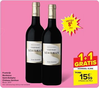 Promoties Frankrijk bordeaux saint-estèphe château sérilhan rood, 2017 - Rode wijnen - Geldig van 22/05/2024 tot 25/05/2024 bij Carrefour