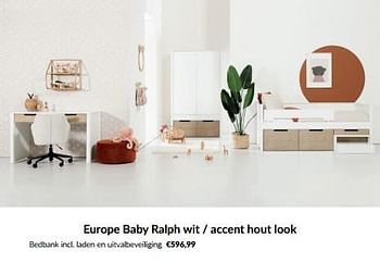 Promoties Europe baby ralph wit - accent hout look bedbank incl. laden en uitvalbeveiliging - Europe baby - Geldig van 14/05/2024 tot 10/06/2024 bij BabyPark