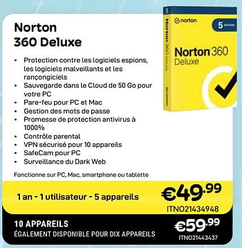 Promotions Norton 360 deluxe - Norton - Valide de 01/05/2024 à 31/05/2024 chez Compudeals