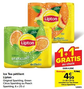 Promotions Canettes ice tea green citrus sparkling - Lipton - Valide de 22/05/2024 à 28/05/2024 chez Carrefour