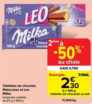 Promotions Tablette de chocolat au lait - Milka - Valide de 22/05/2024 à 28/05/2024 chez Carrefour