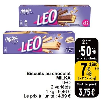 Promotions Biscuits au chocolat milka leo - Milka - Valide de 21/05/2024 à 27/05/2024 chez Cora