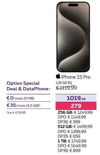 Promotions Apple iphone 15 pro 128 gb 5g - Apple - Valide de 13/02/2024 à 31/07/2024 chez Proximus
