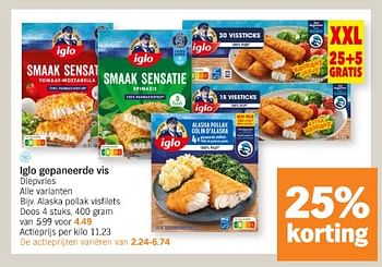 Promotions Iglo gepaneerde vis alaska pollak visfilets - Iglo - Valide de 20/05/2024 à 26/05/2024 chez Albert Heijn