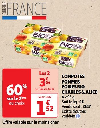 Promoties Compotes pommes poires bio charles + alice - Charles & Alice  - Geldig van 22/05/2024 tot 02/06/2024 bij Auchan