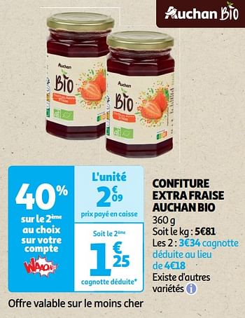 Promoties Confiture extra fraise auchan bio - Huismerk - Auchan - Geldig van 22/05/2024 tot 02/06/2024 bij Auchan