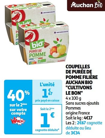 Promoties Coupelles de purée de pomme filière auchan bio - Huismerk - Auchan - Geldig van 22/05/2024 tot 02/06/2024 bij Auchan