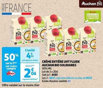 Promoties Crème entière uht fluide auchan bio solidaires - Huismerk - Auchan - Geldig van 22/05/2024 tot 02/06/2024 bij Auchan