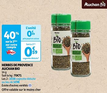 Promoties Herbes de provence auchan bio - Huismerk - Auchan - Geldig van 22/05/2024 tot 02/06/2024 bij Auchan