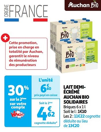 Promoties Lait demiécrémé auchan bio solidaires - Huismerk - Auchan - Geldig van 22/05/2024 tot 02/06/2024 bij Auchan