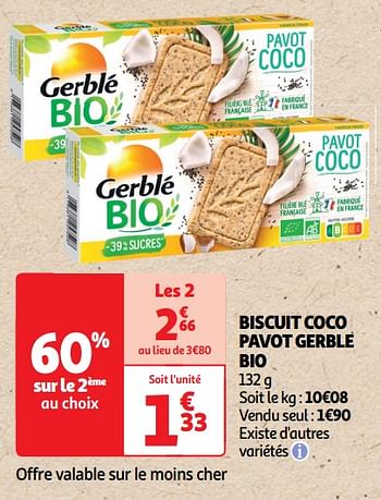 Promoties Biscuit coco pavot gerble bio - Gerblé - Geldig van 22/05/2024 tot 02/06/2024 bij Auchan