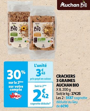 Promoties Crackers 3 graines auchan bio - Huismerk - Auchan - Geldig van 22/05/2024 tot 02/06/2024 bij Auchan
