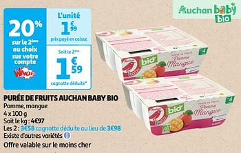 Promoties Purée de fruits auchan baby bio - Huismerk - Auchan - Geldig van 22/05/2024 tot 02/06/2024 bij Auchan