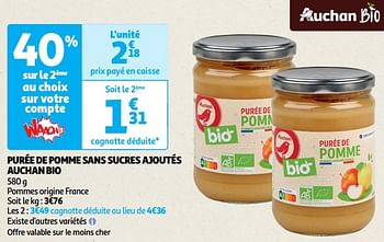 Promotions Purée de pomme sans sucres ajoutés auchan bio - Produit Maison - Auchan Ronq - Valide de 22/05/2024 à 02/06/2024 chez Auchan Ronq