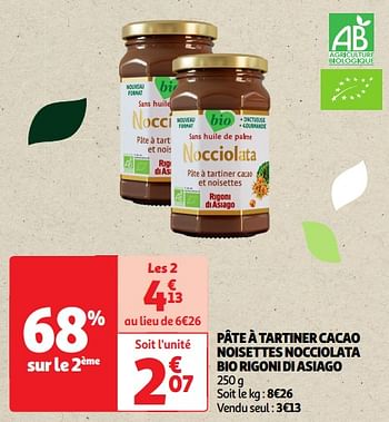 Promotions Pâte à tartiner cacao noisettes nocciolata bio rigoni di asiago - Rigoni di Asiago - Valide de 22/05/2024 à 02/06/2024 chez Auchan Ronq
