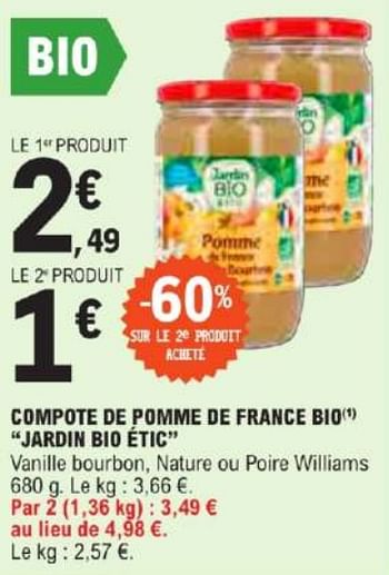 Promotions Compote de pomme de france bio jardin bio étic - Jardin Bio - Valide de 21/05/2024 à 02/06/2024 chez E.Leclerc