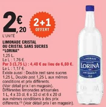 Promotions Limonade cristal ou cristal sans sucres lorina - LORINA - Valide de 21/05/2024 à 02/06/2024 chez E.Leclerc