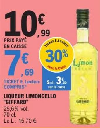 Promotions Liqueur limoncello giffard - Giffard - Valide de 21/05/2024 à 02/06/2024 chez E.Leclerc