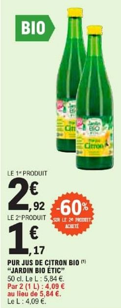 Promotions Pur jus de citron bio jardin bio étic - Jardin Bio - Valide de 21/05/2024 à 02/06/2024 chez E.Leclerc