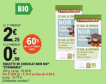 Promotions Tablette de chocolat noir bio éthiquable - Ethiquable - Valide de 21/05/2024 à 02/06/2024 chez E.Leclerc