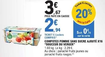 Promotions Compotes pomme sans sucre ajouté douceur du verger - Douceur du Verger - Valide de 21/05/2024 à 02/06/2024 chez E.Leclerc