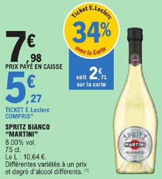 Promotions Spritz bianco martini - Martini - Valide de 21/05/2024 à 02/06/2024 chez E.Leclerc